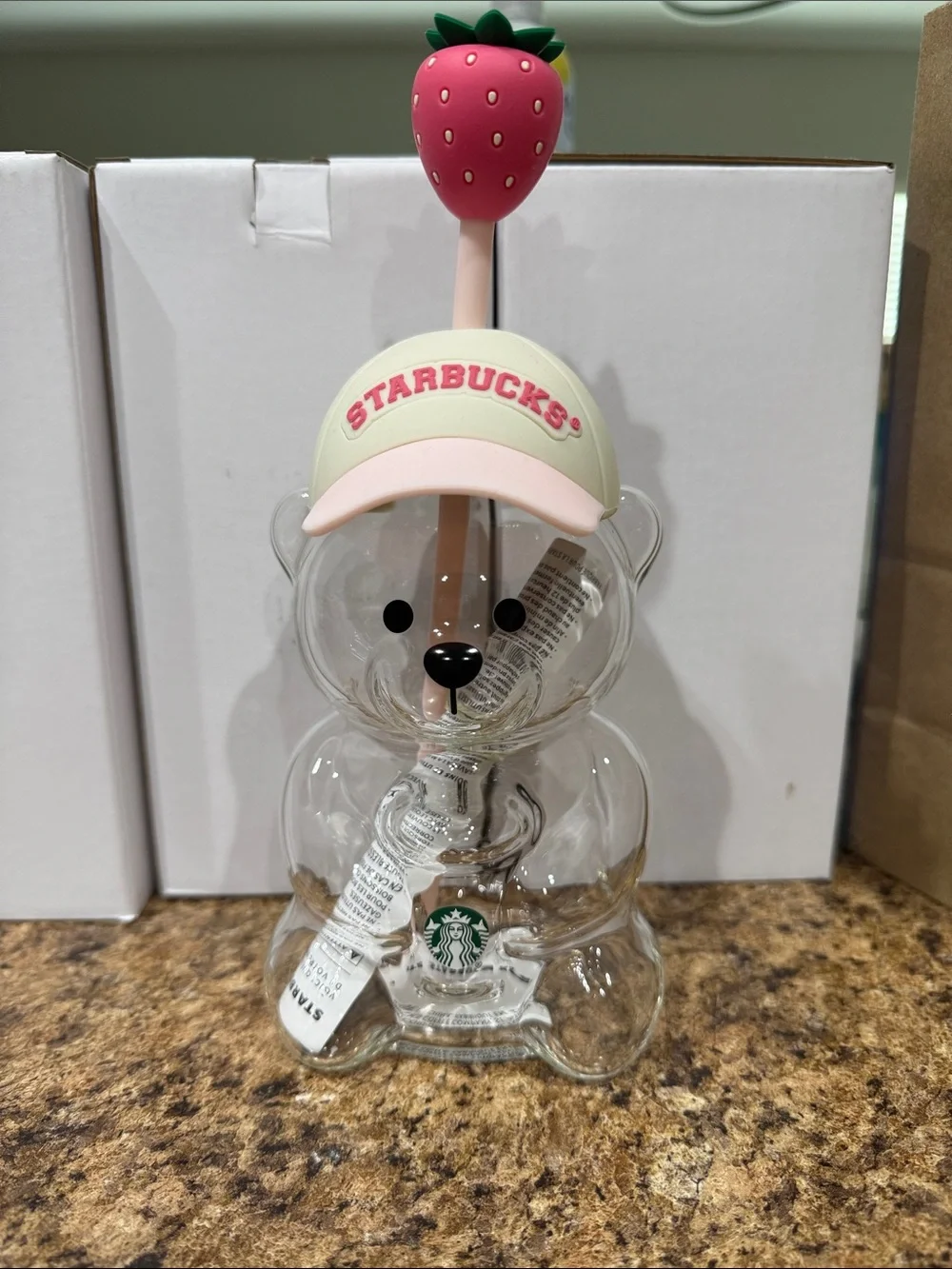 Starbucks Clear Bear Bottle with Pink Strawberry Straw and Cream-Pink Cap - Picture 2 of 2